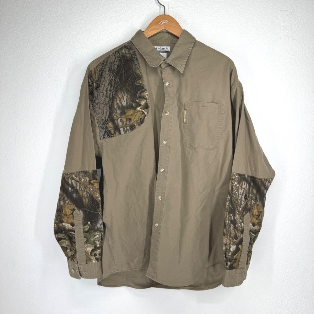 Columbia Mens Khaki Camo Shooting Hunting Shirt Long Sleeve Large Vintage Canvas